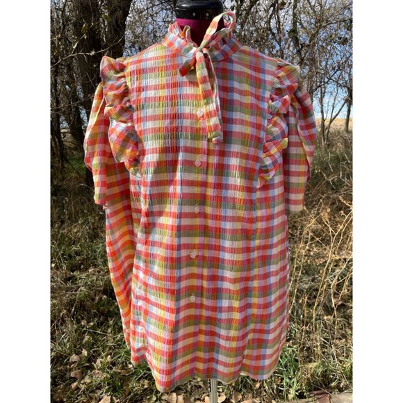 Vintage 1970s Plaid Seer Sucker Peasant Blouse With Tags Size 44 - Picture 14 of 16